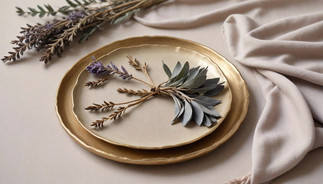 Dried botanical roots, sage leaves and lavender arranged on a brushed gold dish in soft daylight