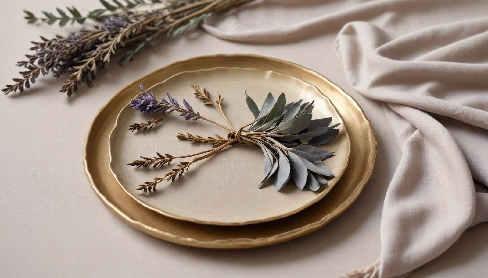 Dried botanical roots, sage leaves and lavender arranged on a brushed gold dish in soft daylight