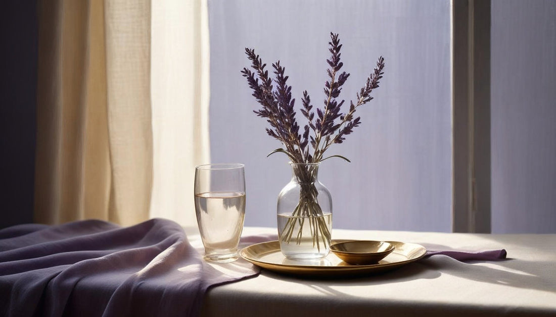 A glass of water, dried lavender in a vase and a small gold dish on linen, lit from morning light into evening shadow