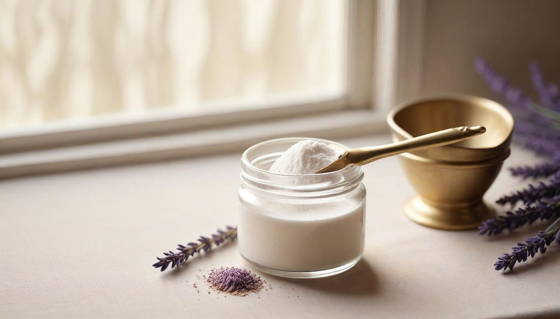A glass jar of fine white creatine powder with a gold scoop, dried lavender and soft window light on linen