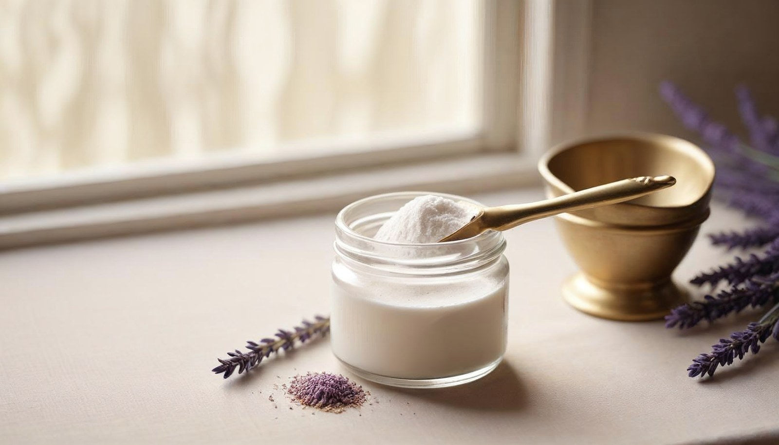 A glass jar of fine white creatine powder with a gold scoop, dried lavender and soft window light on linen