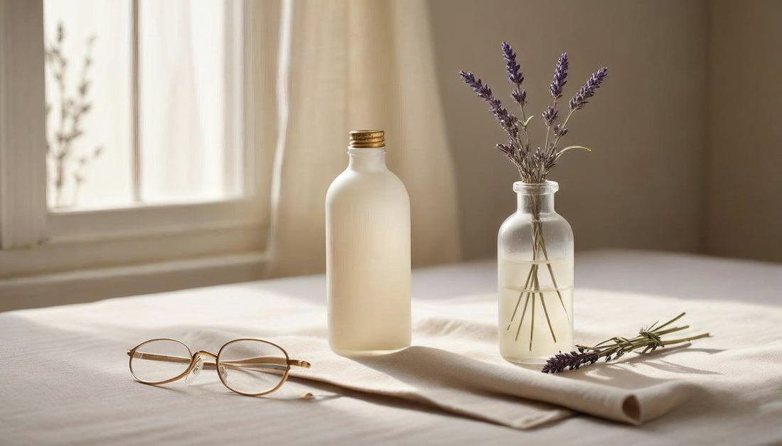 A plain unlabeled supplement bottle on linen beside reading glasses and dried lavender in soft window light