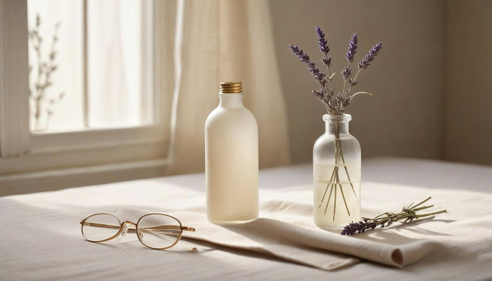A plain unlabeled supplement bottle on linen beside reading glasses and dried lavender in soft window light
