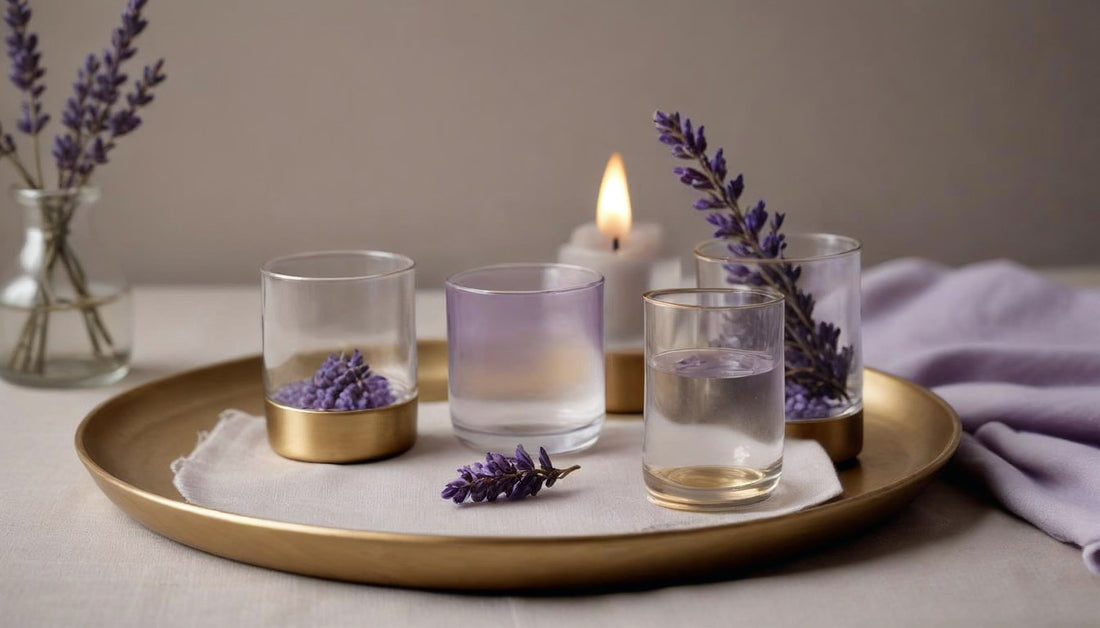 An evening tray with a glass of water, a lit candle and dried lavender in warm low light