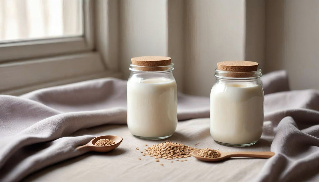 Two glass jars of plain cultured milk with a wooden spoon and scattered oat grains on linen in soft morning light
