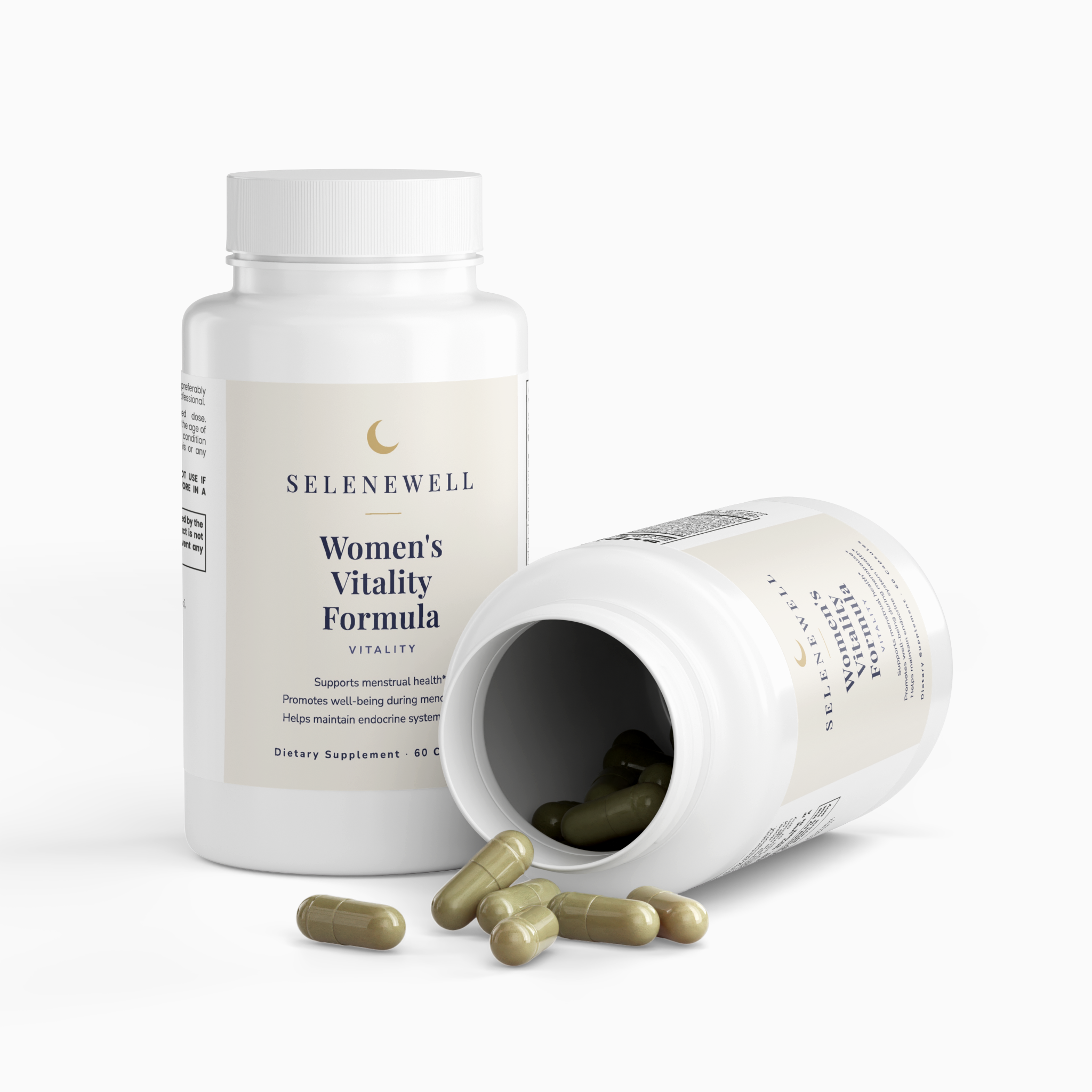 Open Women's Vitality Formula bottle with herbal capsules spilling onto a white surface
