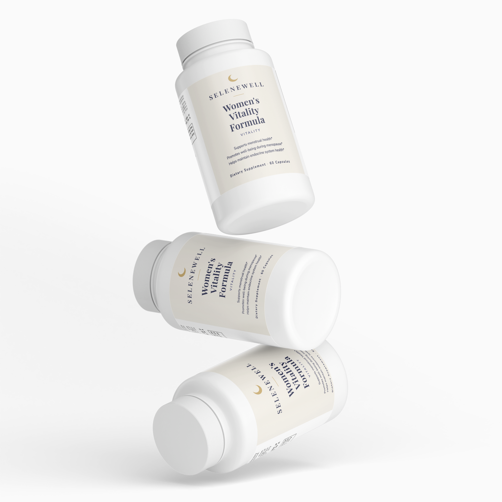 Three bottles of Selenewell Women's Vitality Formula shown from the front, side and back