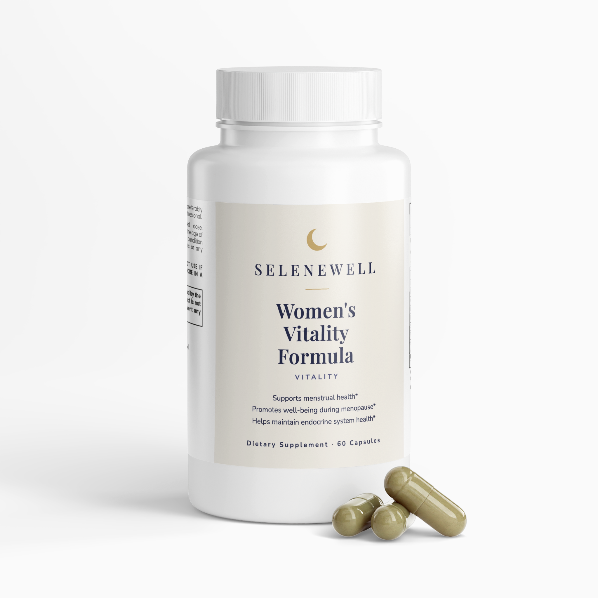 Women's Vitality Formula bottle with three herbal capsules resting beside it