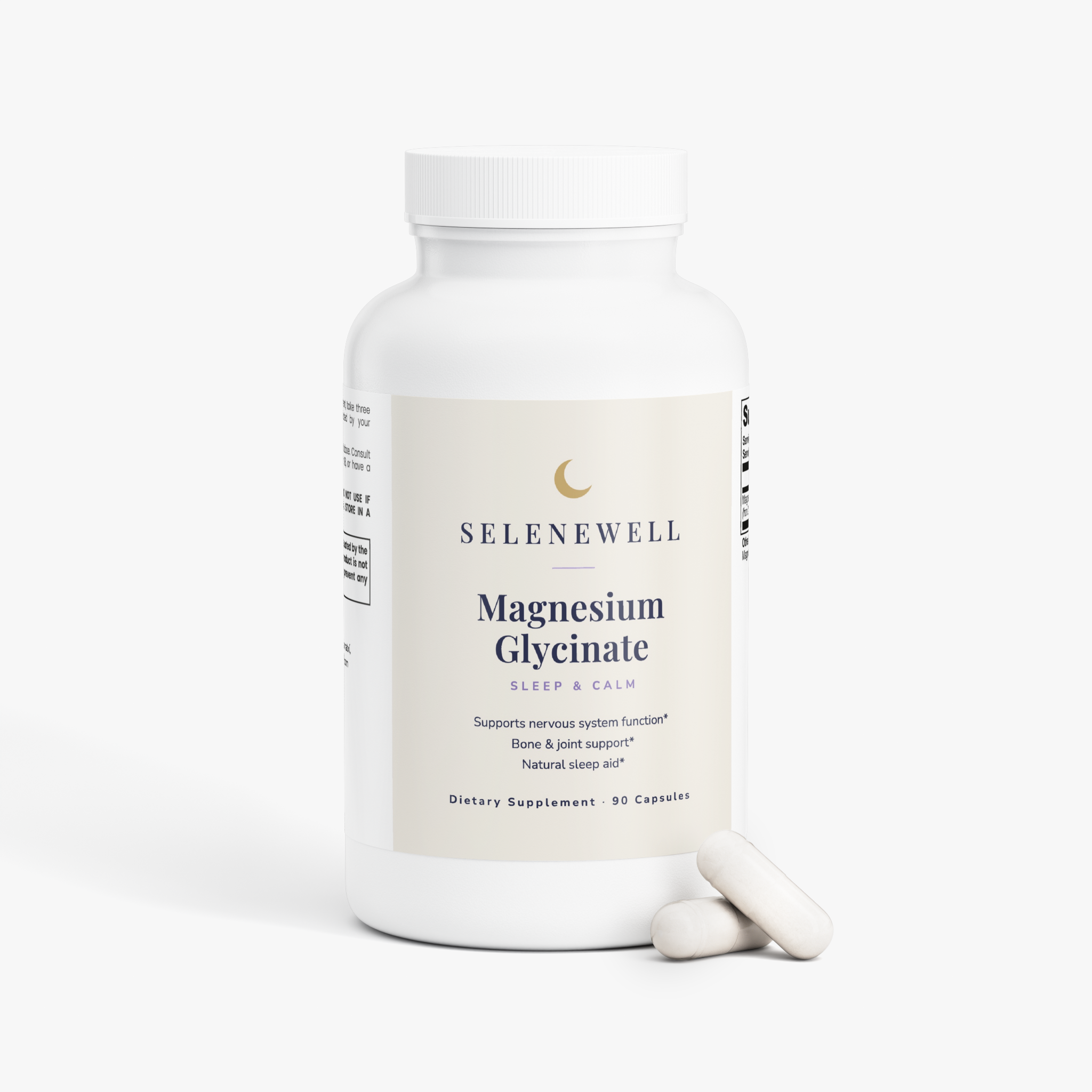 Magnesium Glycinate bottle with three white capsules resting beside it