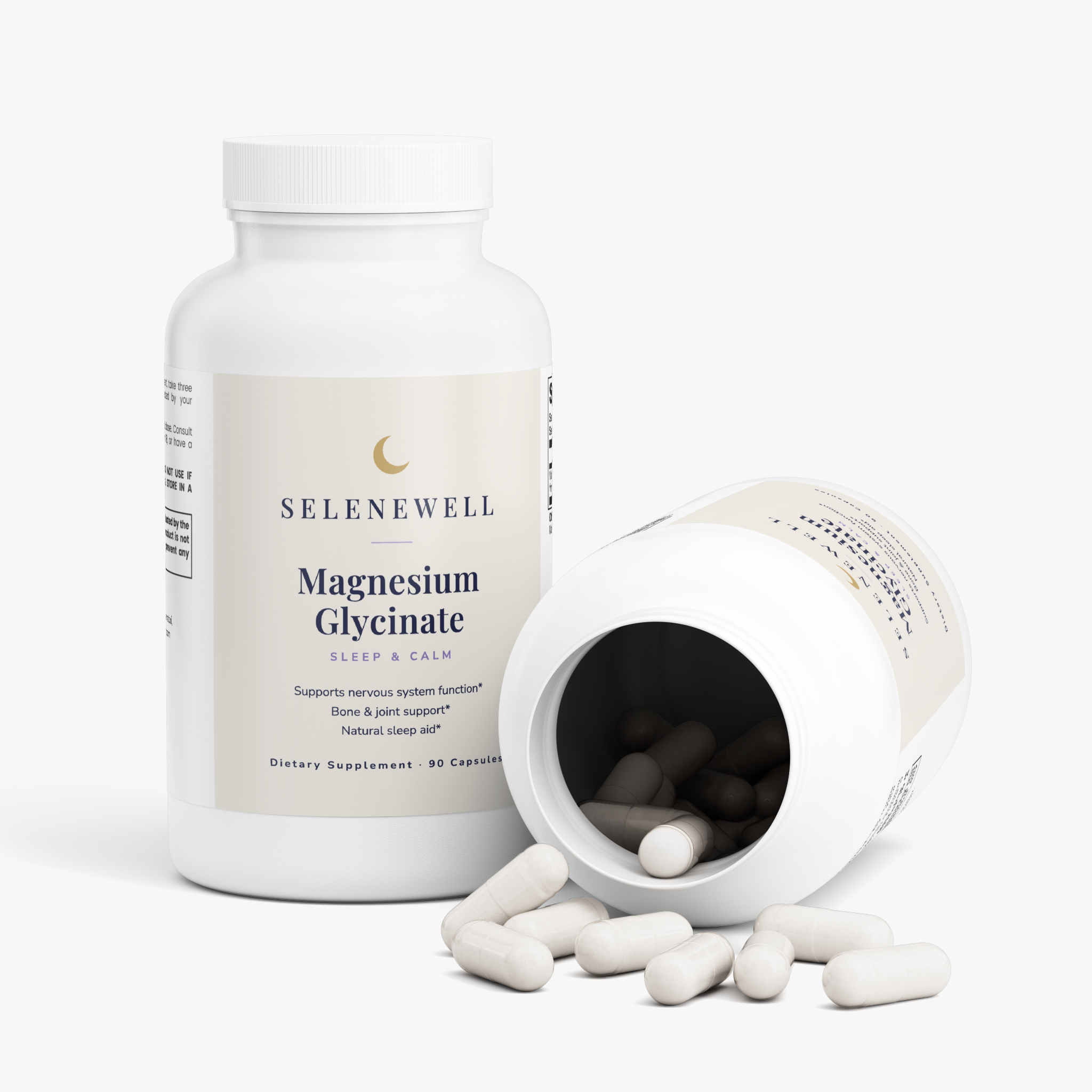 Open Magnesium Glycinate bottle with white capsules spilling onto a white surface