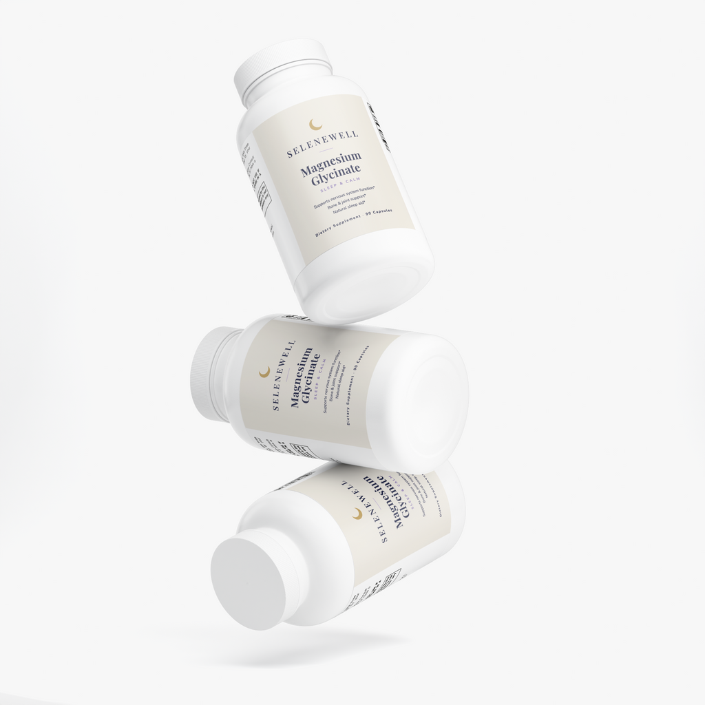 Three bottles of Selenewell Magnesium Glycinate shown from the front, side and back