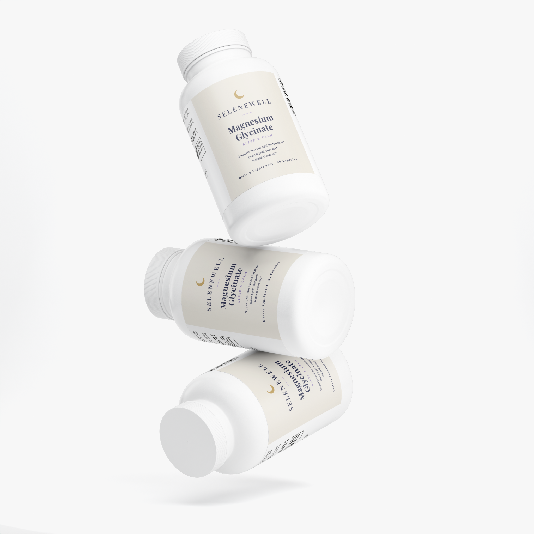 Three bottles of Selenewell Magnesium Glycinate shown from the front, side and back