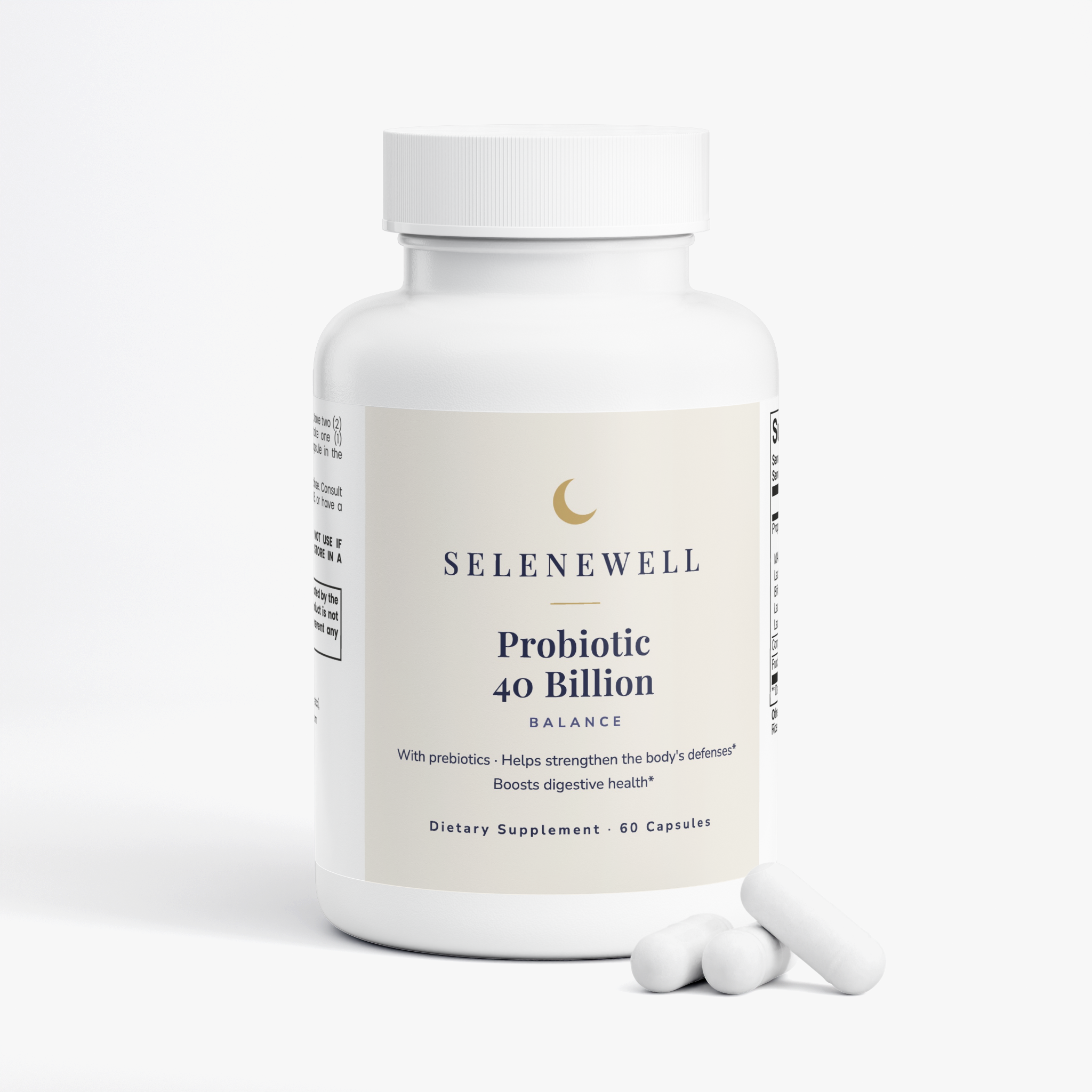 Probiotic 40 Billion bottle with three capsules resting beside it