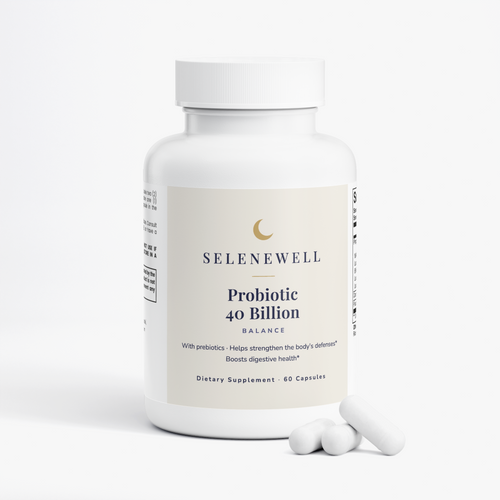 Probiotic 40 Billion bottle with three capsules resting beside it