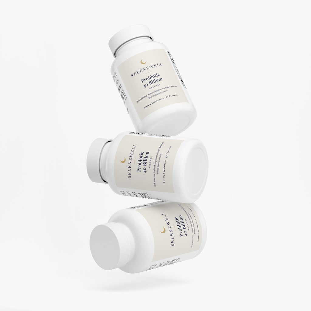 Three bottles of Selenewell Probiotic 40 Billion shown from the front, side and back