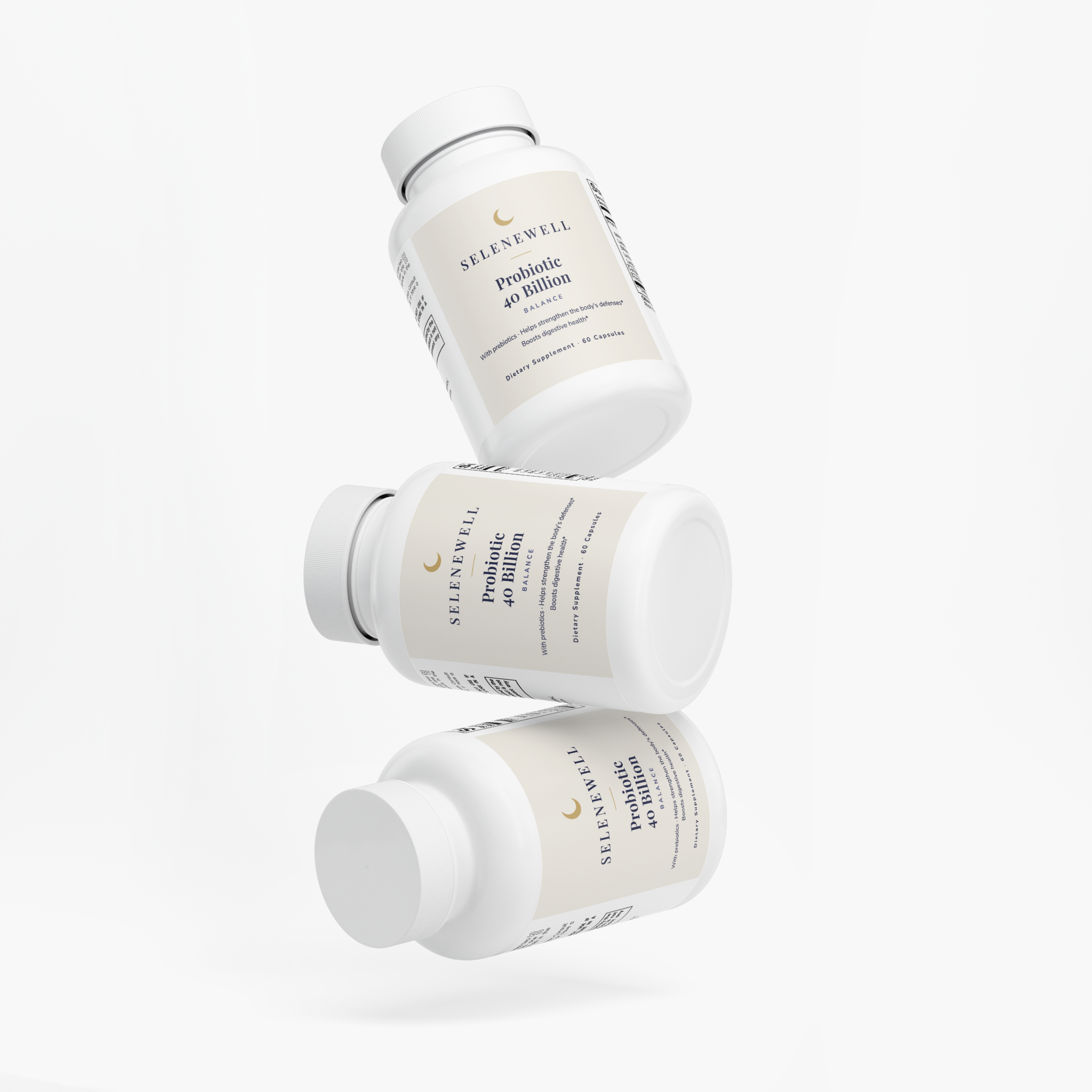 Three bottles of Selenewell Probiotic 40 Billion shown from the front, side and back