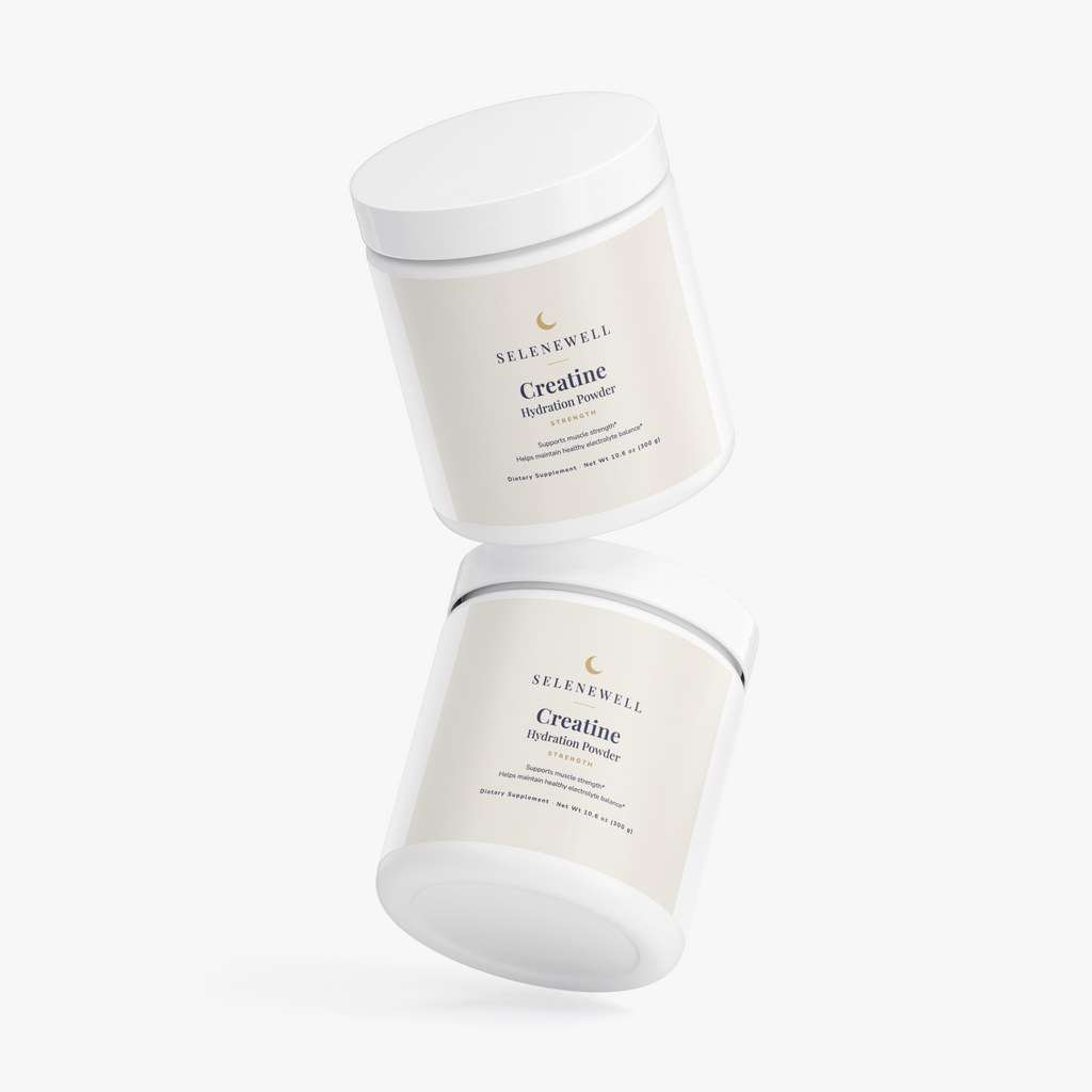 Two tubs of Selenewell Creatine Hydration Powder shown from the front and back