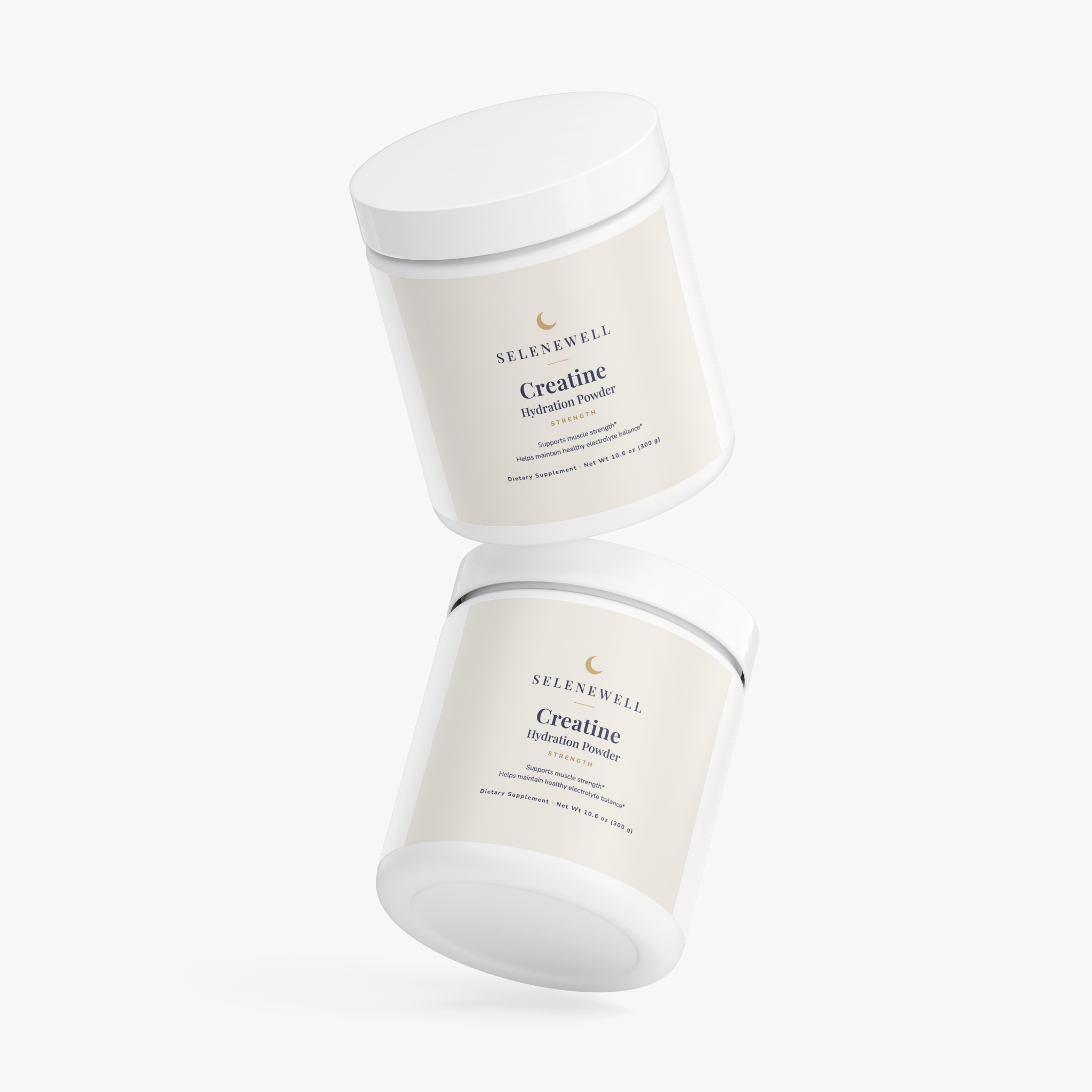 Two tubs of Selenewell Creatine Hydration Powder shown from the front and back