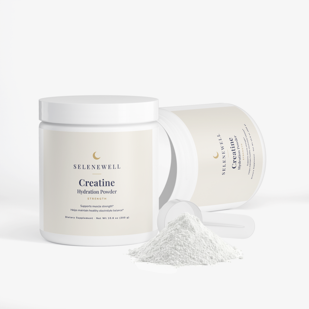 Open Creatine Hydration Powder tub with a scoop and loose powder