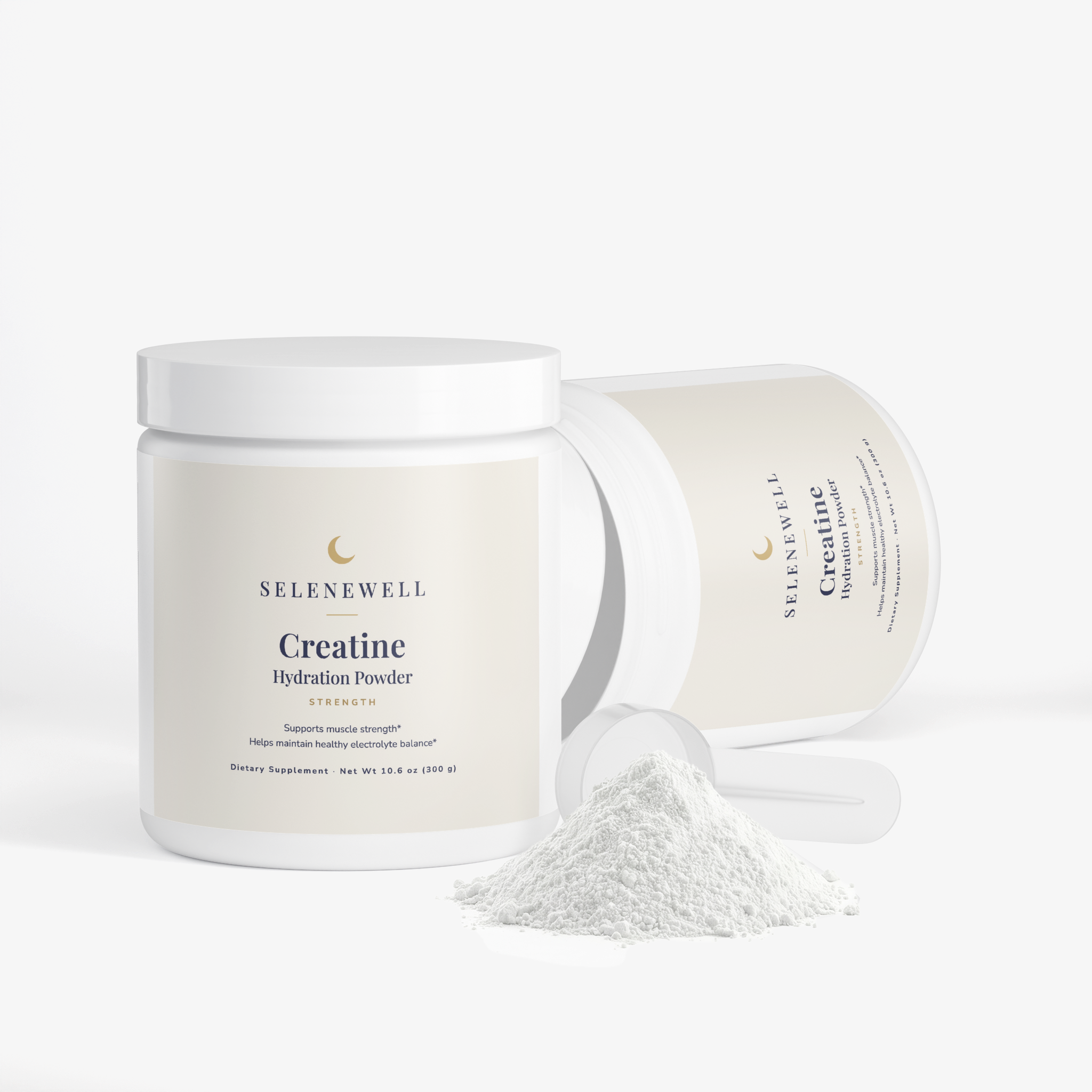 Open Creatine Hydration Powder tub with a scoop and loose powder