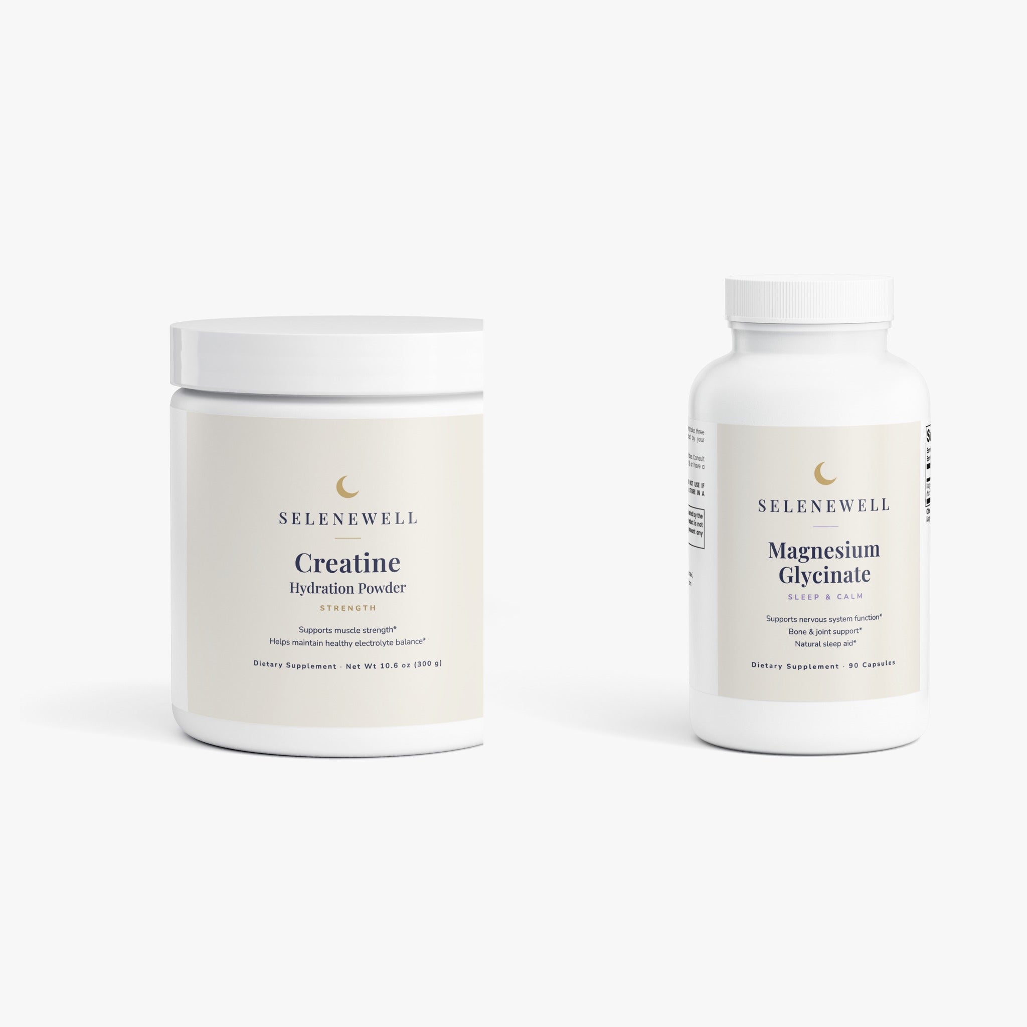 Strong & Rested bundle: Creatine Hydration Powder tub and Magnesium Glycinate bottle side by side