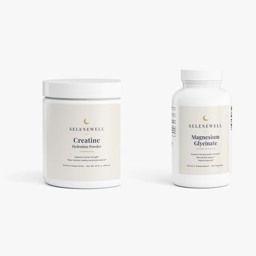 Strong & Rested bundle: Creatine Hydration Powder tub and Magnesium Glycinate bottle side by side