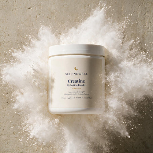 Selenewell Creatine Hydration Powder tub surrounded by a burst of powder