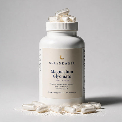 Selenewell Magnesium Glycinate bottle with capsules on a pale grey surface