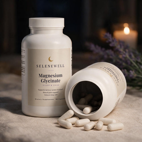 Selenewell Magnesium Glycinate bottle by candlelight with lavender and loose capsules