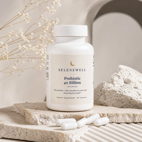 Selenewell Probiotic 40 Billion bottle with capsules on travertine stone