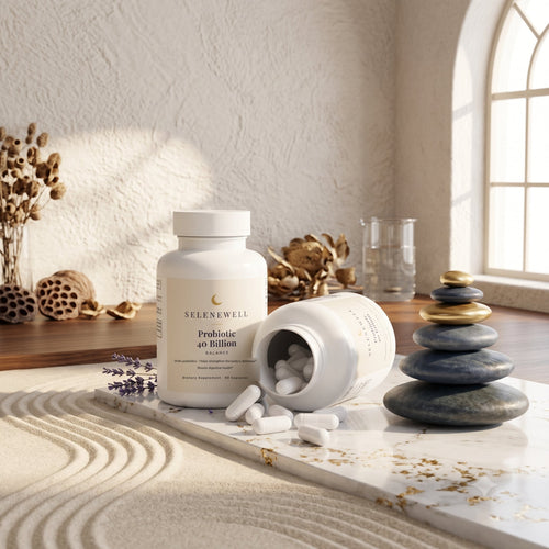 Selenewell Probiotic 40 Billion bottles on a marble tray with balanced stones